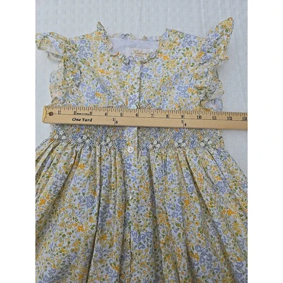 Kidiwi Paris Girls Floral Dress Size 5A Yellow Blue Smocked Waist Ruffle Sleeve - Picture 8 of 10